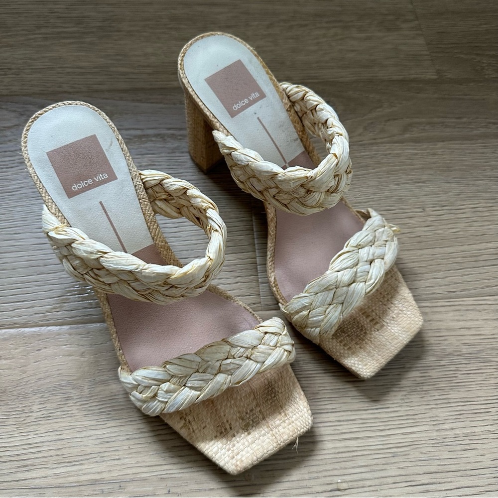 Dolce Vita Braided Straw Square Toe Black Heels 7.5